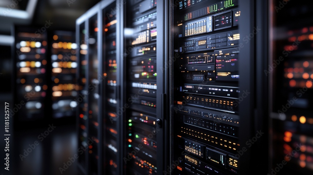 Poster Close-up View of Modern Server Racks with Colorful Lights and Complex Panels in a Dark Data Center Environment