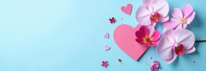 Festive Valentine's Day layout concept with homemade chocolate hearts, orchid, white sheet template with love elements and free space for text on light blue background horizontally
