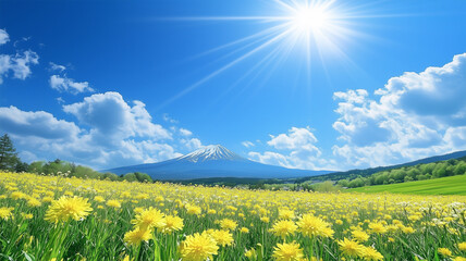 Obraz premium 春の菜の花畑と富士山が織りなす黄色と緑のコントラストの明るい風景
