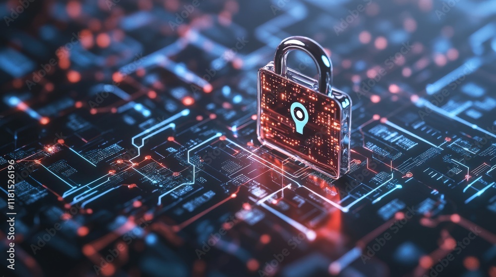 Aufkleber Futuristic Digital Lock on Circuit Background Representing Cybersecurity and Data Protection in the Age of Technology and Information Security