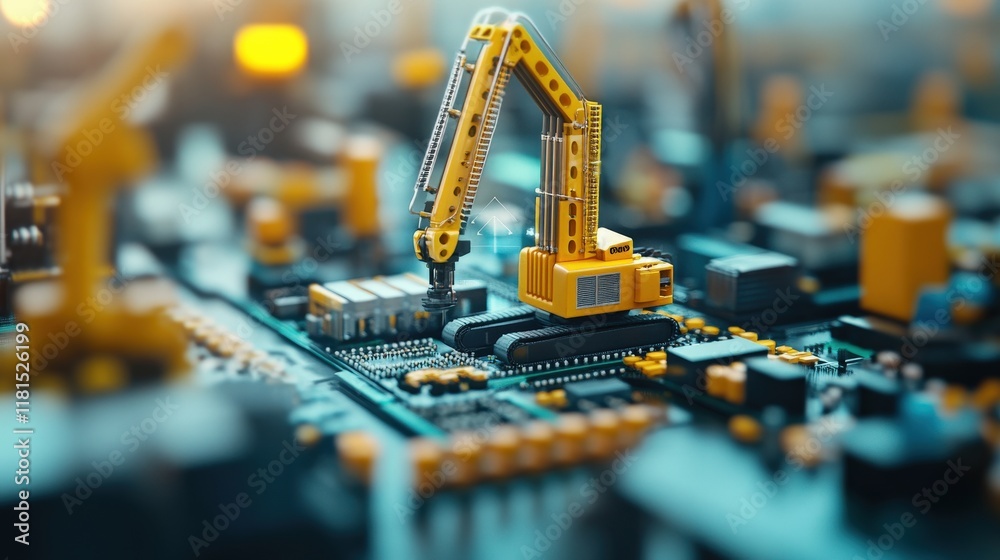 Poster detailed representation of modern robotics on circuit board featuring yellow excavator in action, sy