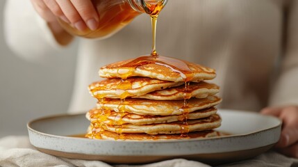 Pouring warm maple syrup over fluffy pancakes for a delightful breakfast treat