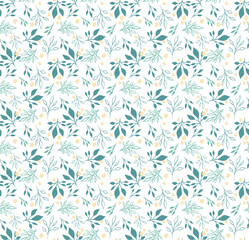 Vector seamless pattern with green leaves, branches and yellow flowers. Vector illustration
