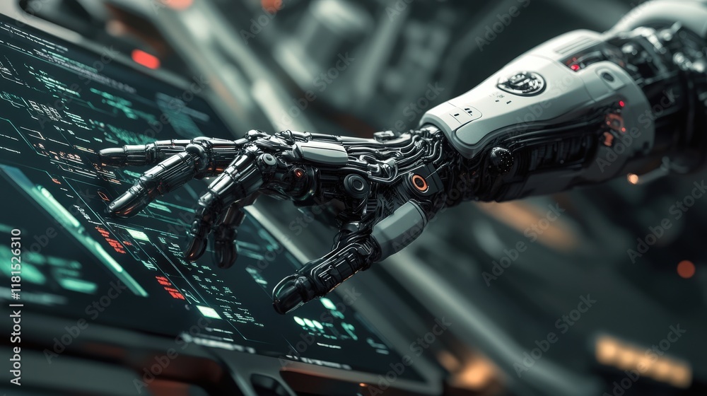 Poster futuristic robotic hand reaching for digital interface on touchscreen display, symbolizing advanced 