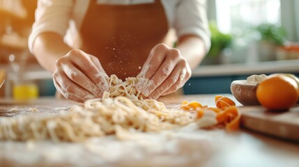 Crafting fresh spaghetti pasta at home in a sunlit kitchen