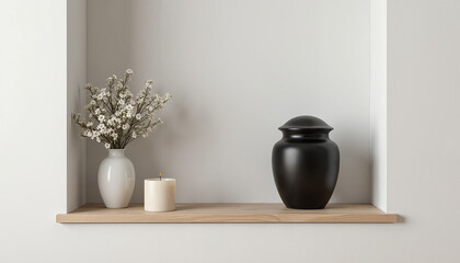 Vase with flowers, candle, and urn on wooden shelf