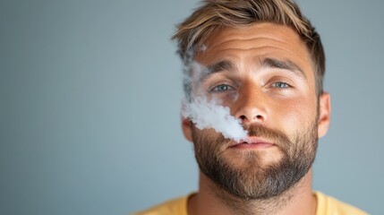 Obraz premium Young man exhaling vape smoke in a grey studio portrait