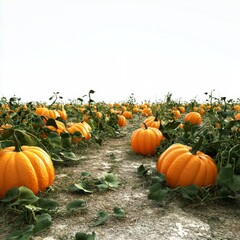 Vibrant Pumpkin Field Under Bright Sky with Lush Green Vines and Harvesting Potential