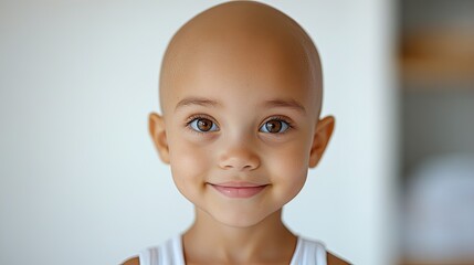 Cute child with cancer and hair loss due to chemotherapy. Childhood cancer awareness month banner, blured background with copy space