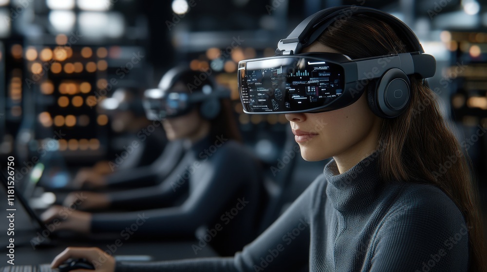 Poster A focused woman using advanced virtual reality goggles in a modern tech environment surrounded by other users delving into immersive digital experiences.