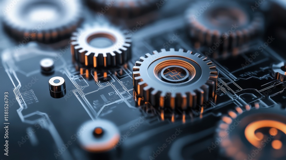 Poster close-up view of intricate mechanical gears on a digital circuit board, highlighting industrial desi