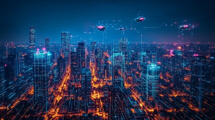 Naklejka premium Futuristic Aerial View of Illuminated Urban Metropolis 1