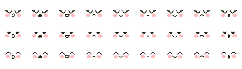 Set of cute vector kawaii emoji. Anime, manga, adorable expressive faces, emoji. Cute faces happy, smiling, sad and angry - for kawaii cartoon doodle design Chibis isolated on white background
