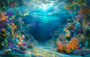 Vibrant underwater scene with colorful coral reef, sunlight rays, and marine life. Ideal for backgrounds, websites, and marine-themed projects.