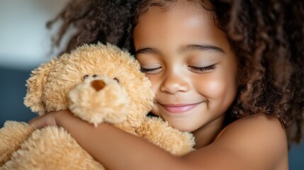 Young girl embraces her favorite stuffed animal with joy and warmth