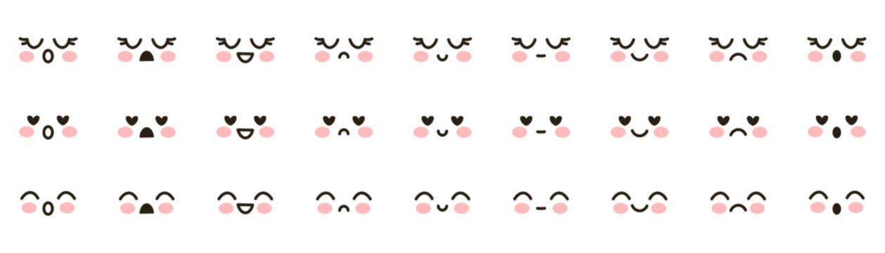 Set of cute vector kawaii emoji. Anime, manga, adorable expressive faces, emoji. Cute faces happy, smiling, sad and angry - for kawaii cartoon doodle design Chibis isolated on white background