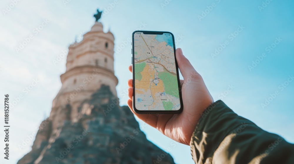 Poster Tourist is holding smartphone displaying navigation map application with blurred monument in background, emphasizing modern travel and location services