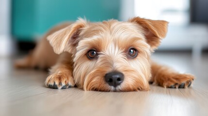 Adorable schnauzer dog resting comfortably on a cozy floor