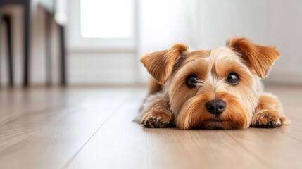 Schnauzer resting peacefully on the warm wooden floor at home