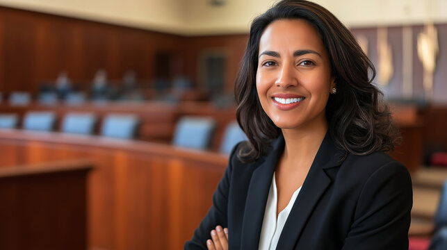 Portrait of a smiling Latin American judge with arms crossed, exuding confidence and professionalism while standing in a courtroom setting