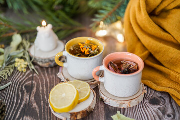 Cozy winter vibes with herbal tea, dried citrus slices, and seasonal decor – Christmas lights and fir tree branches