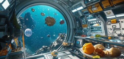 Futuristic spaceship galley with large window overlooking a vibrant nebula and asteroids.  A meal is prepared, offering a unique blend of science fiction and domesticity.