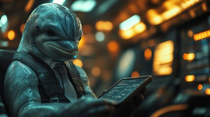 A dolphin clad in a smart suit and tie intently interacts with a tablet, surrounded by a modern, high-tech setting illuminated by soft, futuristic lights
