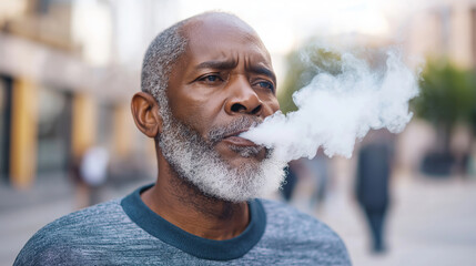 Portrait of a thoughtful middle-aged man with white beard exhaling vapor from an electronic cigarette in a blurred urban environment