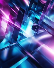 Abstract Glass Geometric Shapes with Vibrant Blue and Pink Light Reflections.
