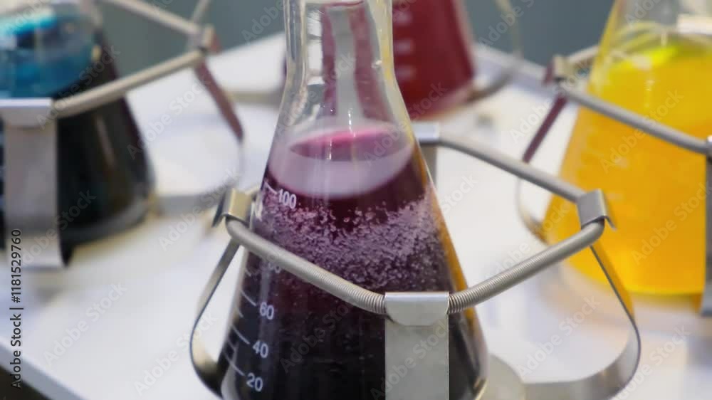 Poster Chemical laboratory, flask with solution, dissolution by rotating the flask