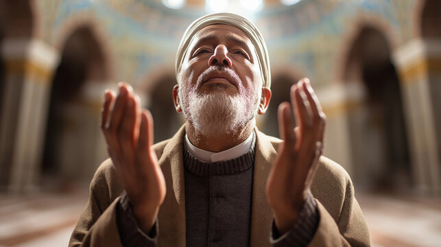 Senior Muslim man praying, wearing traditional clothing, expressing thanks with raised hands inside sacred worship space