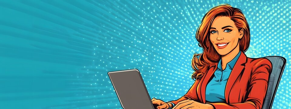 A smiling businesswoman sitting at her desk with a laptop, in a comic style