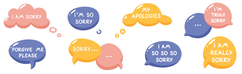 Vector illustration of speech bubble with apology, regret. Text, apology inscription in different form. Chat icon with phrase apology, request for forgiveness. Dialogue, message, quote.