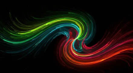 Abstract Swirling Nebula: Vibrant, dynamic swirls of light in red, green, and teal, reminiscent of a cosmic nebula, create a captivating abstract artwork against a deep black background.