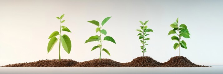 Four young plants growing in soil: stages of growth and environmental development