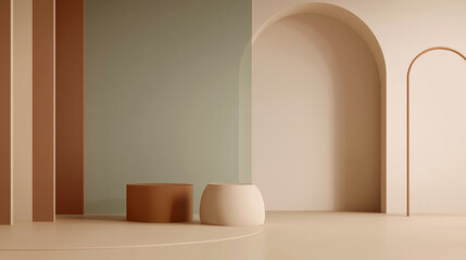 Minimalist Architectural Interior Background with Arched Doorways, Neutral Tones, Geometric Shapes, Modern Design, and Abstract Composition