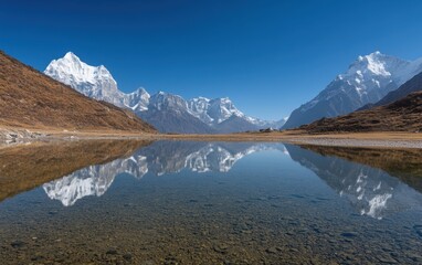 Pristine Mountain Lake Reflection in the Himalayas under Clear Blue Sky.