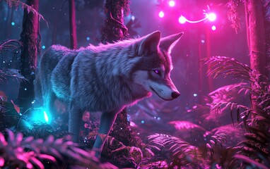 A majestic wolf roams a mystical neon forest, glowing flora and fairy lights illuminating its path.  Surreal, fantasy art.