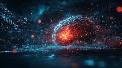 Conceptual image of artificial intelligence featuring a glowing digital brain with data streams and futuristic graphics set against a dark techinspired background for innovation themes
