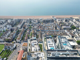 Beautiful and Attractive British Tourist Attraction and Downtown and Central Brighton seaside resort and Beach City of East Sussex, England GB. Footage Captured with Drone's Camera on May 9th, 2024