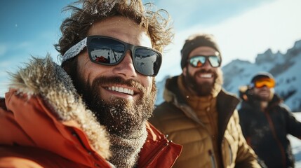 Friends enjoying a lift ride in the stunning Alps on a perfect ski day
