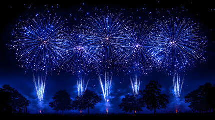 Blue Fireworks Light Up Night Sky