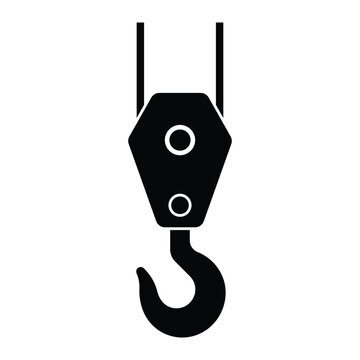 recommend clip art: Crane hook vector icon. Industrial lifting equipment symbol for construction, heavy machinery, and cargo handling. Black silhouette isolated on white background.