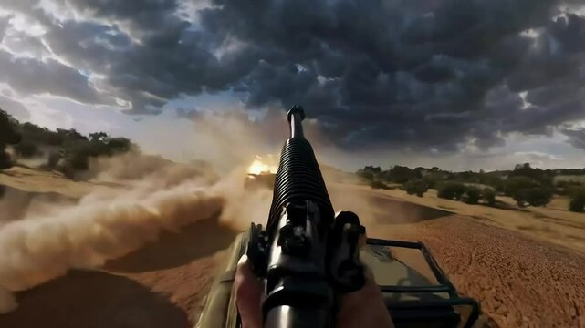 First-Person View:  Machine Gun Fire From a Jeep, Dusty Desert Chase, Action-Packed POV Footage