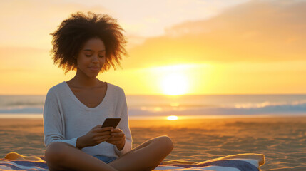 African American woman relaxing on beach blanket, scrolling smartphone during golden sunset lighting