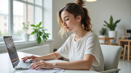 Fototapeta premium Modern Office With a Young Woman Working on a Laptop at a Minimalist Desk