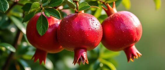 Vibrant Red Pomegranates Glisten in Morning Dew on Lush Green Branch