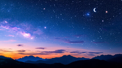 Panoramic night sky with stars, crescent moon, and colorful horizon twilight