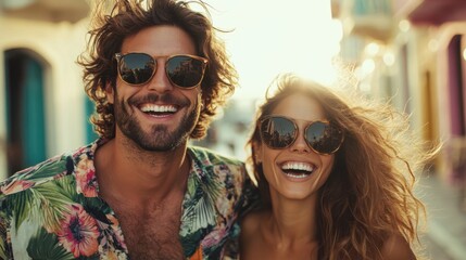 Joyful friends exploring lively streets on a sunny afternoon