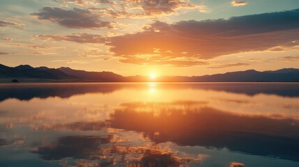 Obraz premium sunset over the sea or pond or river in the evening with orange sunlight, background view of the sea